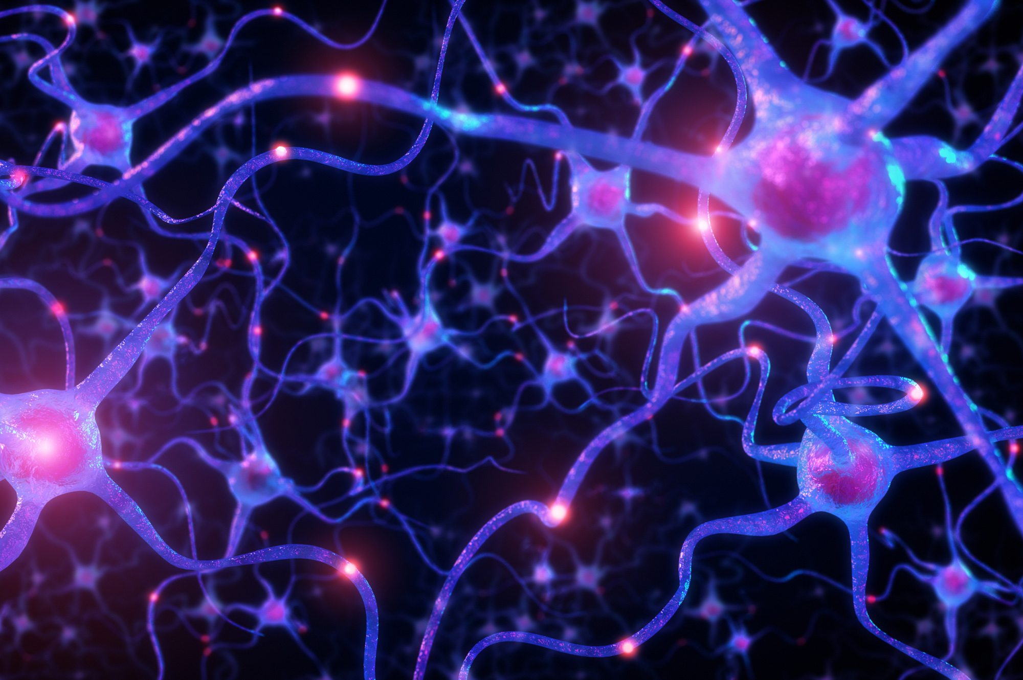 Neurons inside human brain,Neuronal network with electrical activity of neuron cells,3d rendering.